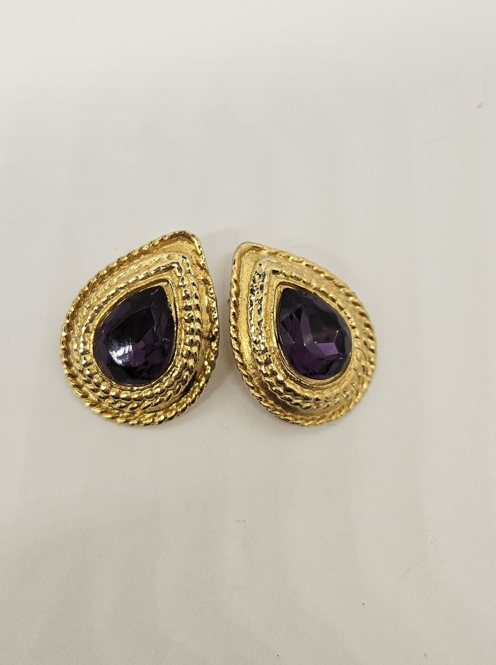 Purple Stone Gold Tone Earrings Acrylic Pierced Ears Studs Vintage